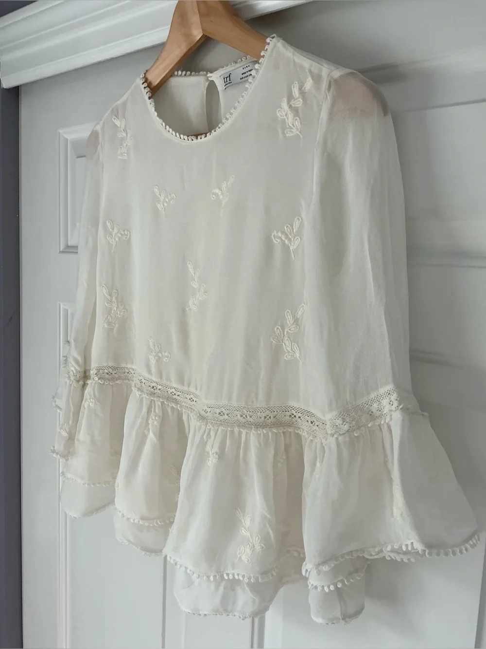 Zara White Ruffled Embroidered Peplum Top - Women S